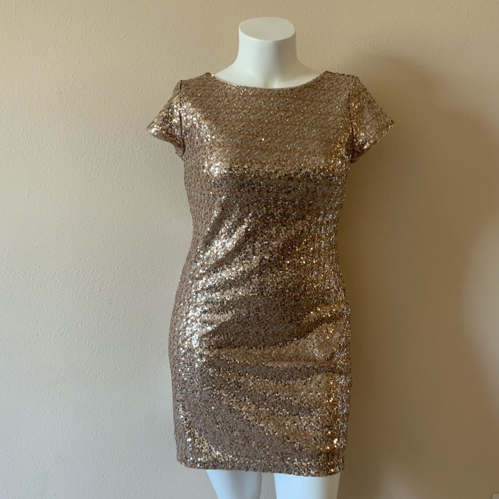 NWT WHBM Gold Sequin Dress, Sz Medium